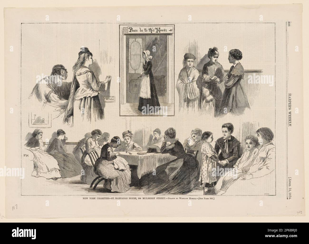 Bross, New York, Wohltätigkeitsorganisationen – St. Barnabas House, 304 Mulberry Street, 18. April 1874, Holzgravierung auf Zeitungsdruckpapier. Stockfoto