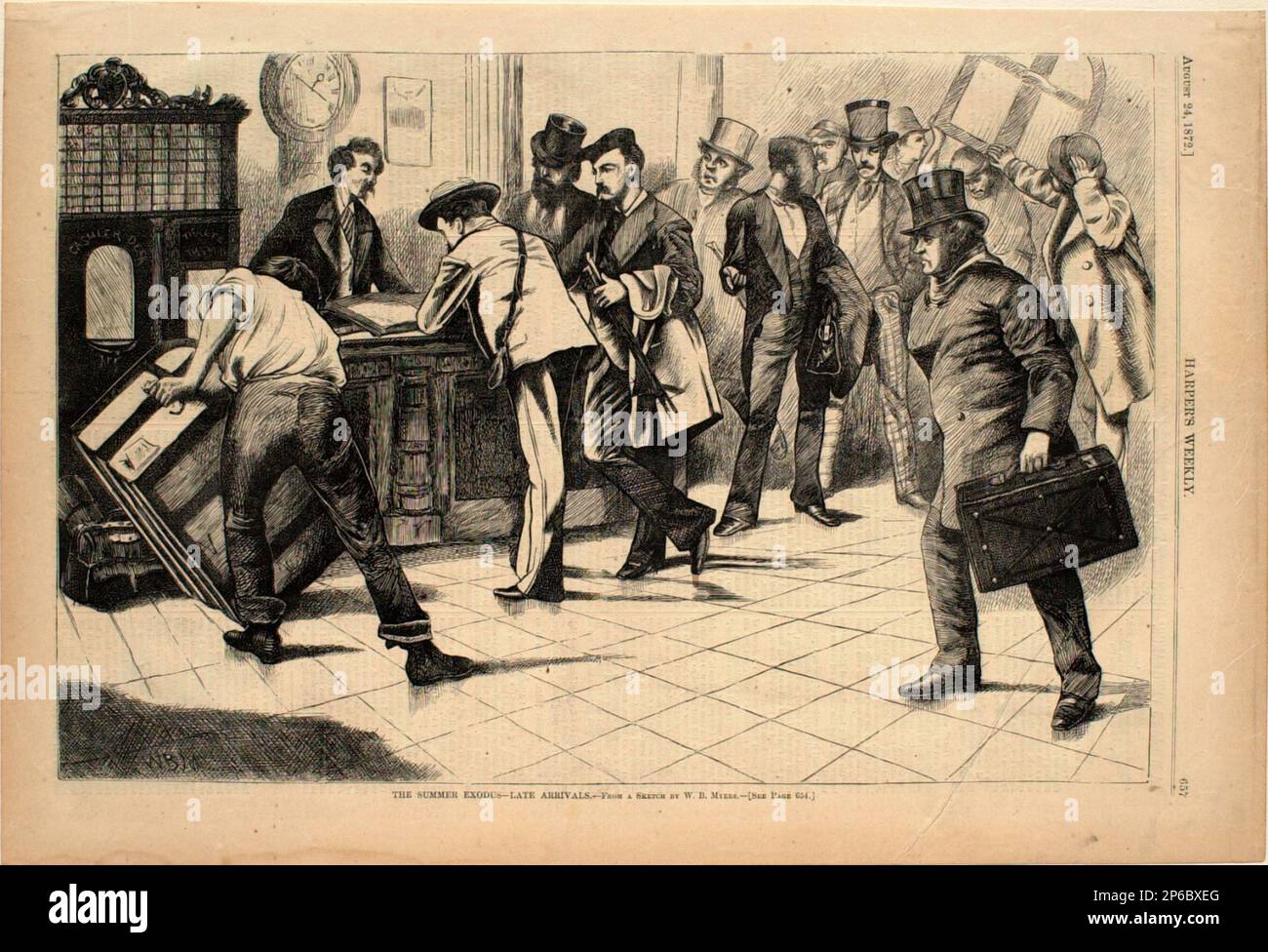 William Barksdale Myers, Summer Exodus – Late Arrivals, 1872, Holzgravierung auf Papier. Stockfoto