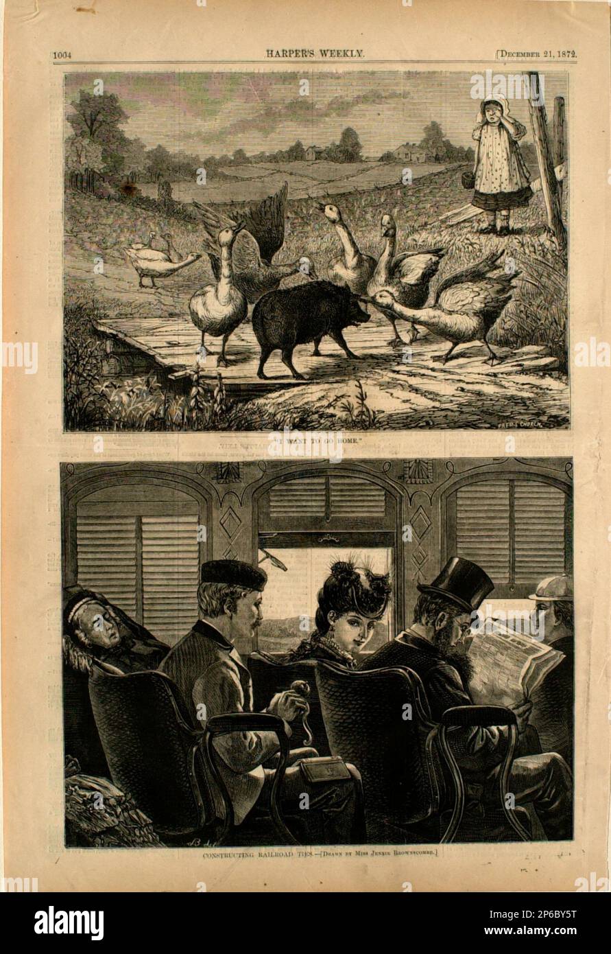 Frederick Stuart Church, „I want to Go Home“, und Construction Railroad ties, 1872, Holzgravierung auf Papier. Stockfoto