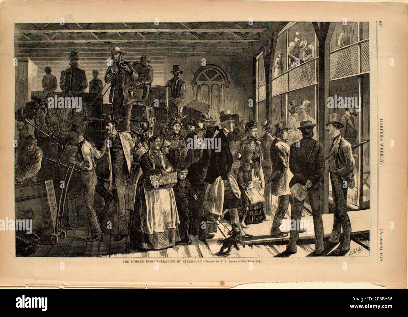 Edwin Austin Abbey, The Summer Exodus – Abfahrt mit dem Dampfschiff, 1872, Holzgravierung auf Papier. Stockfoto