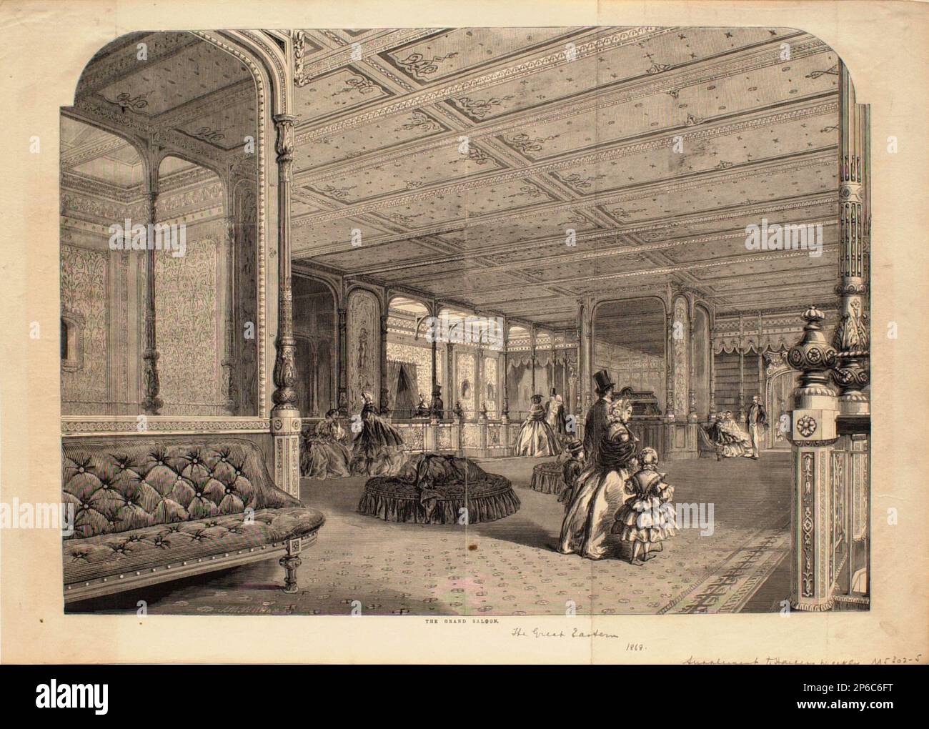 J. M. Williams, The Grand Saloon, S. S. S. Great Eastern, 1868, Holzgravierung auf Papier. Stockfoto