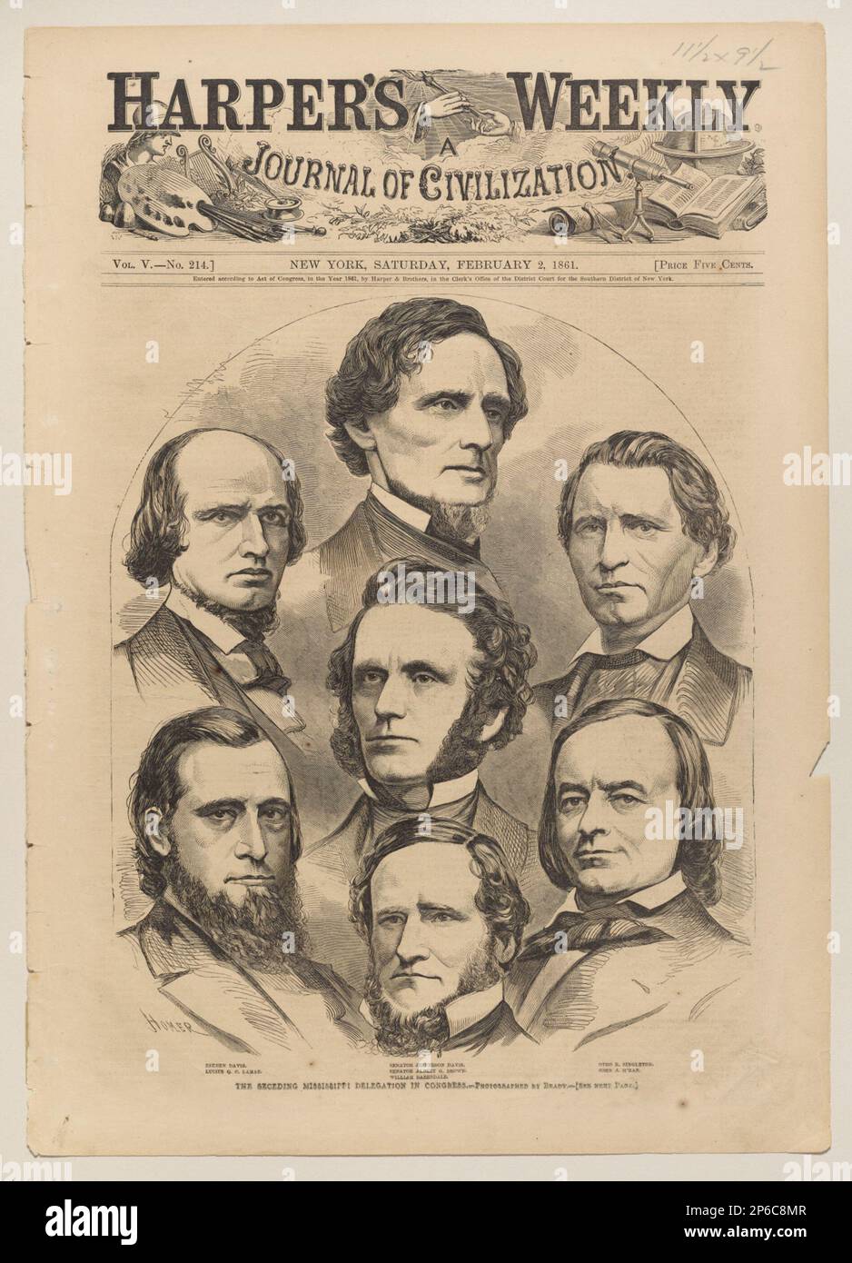 Matthew B. Brady, Sektionierende Mississippi-Delegation im Kongress, 2. Februar 1861, Holzgravierung auf Zeitungsdruckpapier. Stockfoto