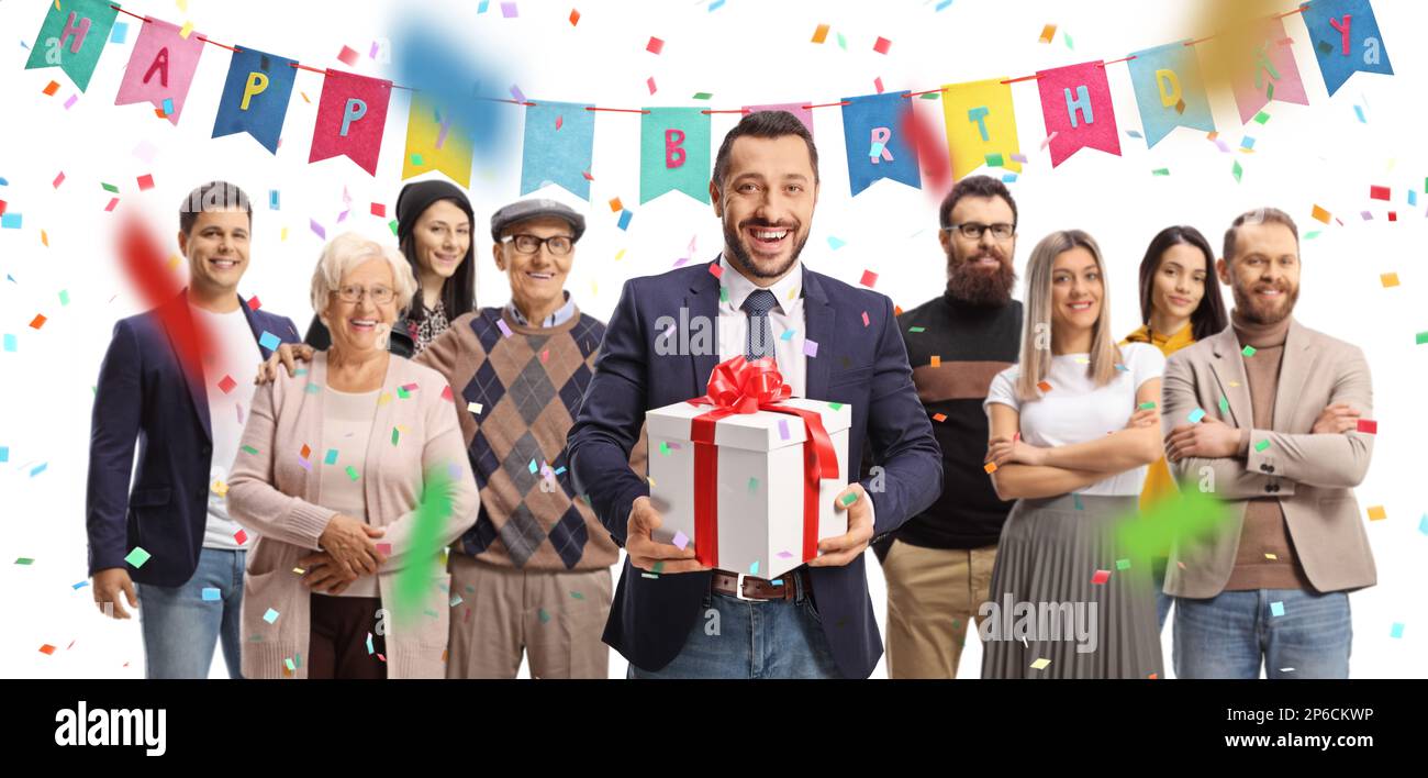Leute auf einer Party und ein Mann mit einer Geschenkbox isoliert auf weißem Hintergrund Stockfoto