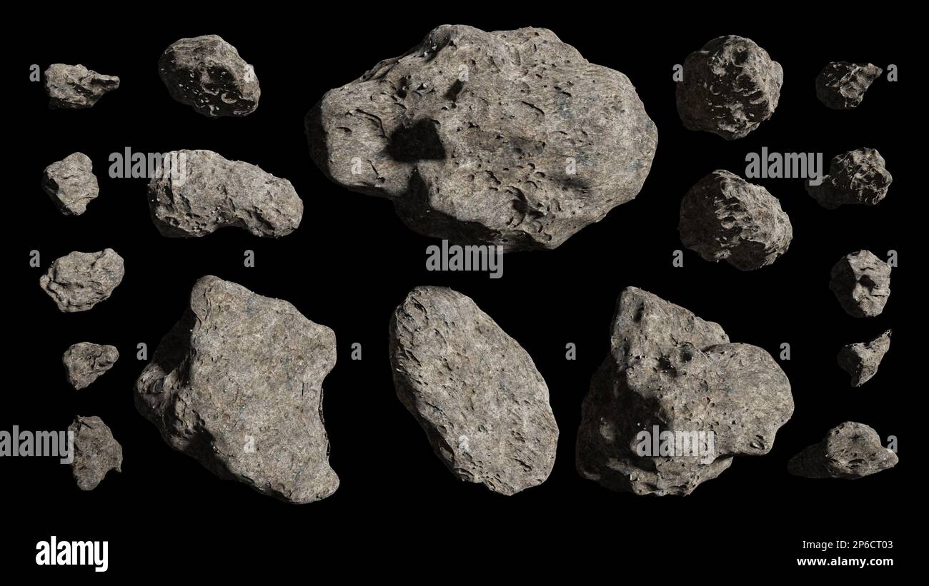 Sammlung von Asteroiden, großen und kleinen Weltraumsteinen, isoliert auf schwarzem Hintergrund Stockfoto