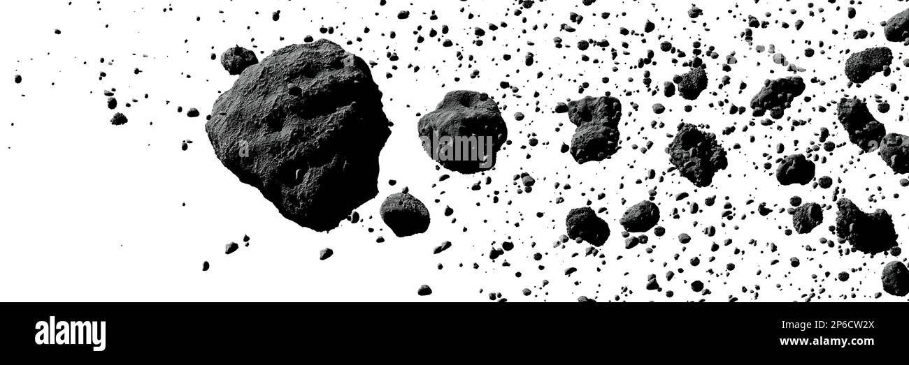 Eine Gruppe von Asteroiden, isoliert auf weißem Hintergrund, Bannerformat Stockfoto