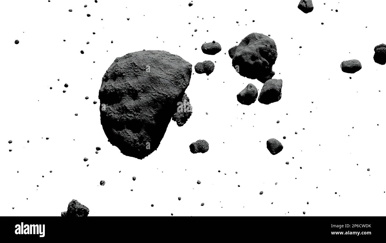 Eine Gruppe von Asteroiden, isoliert auf weißem Hintergrund Stockfoto