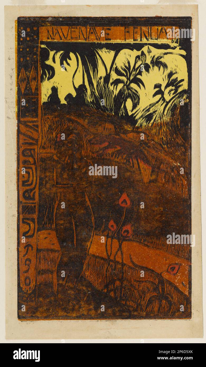 Paul Gauguin, Nave Nave Fenua (Delightful Land), Frühjahr/Sommer 1894, Holzschnitt in Schwarz, Dunkelorange und Gelb bedruckt, mit Schablonen in Rot, auf beigefarbenem gewebtem Papier. Stockfoto