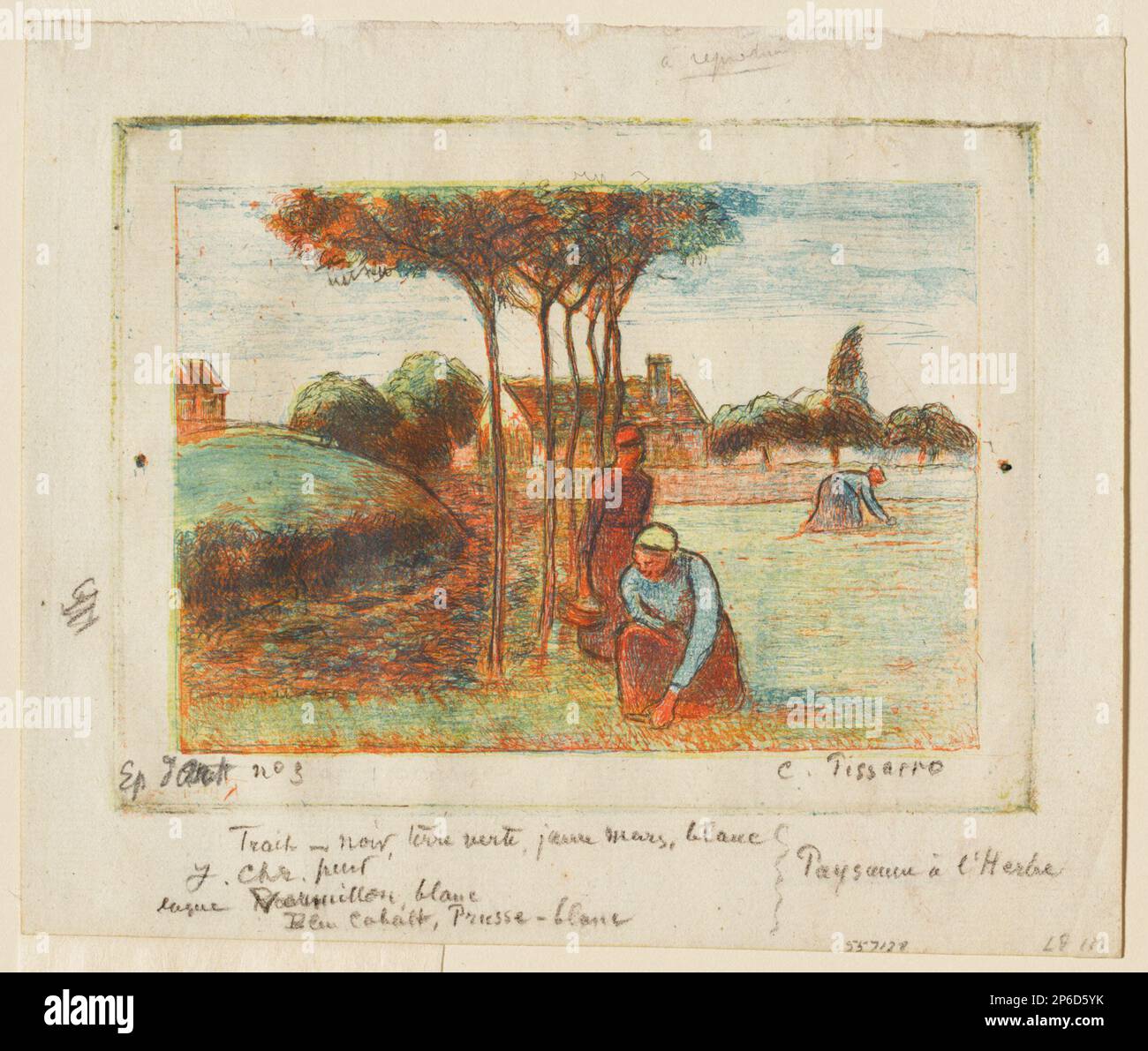 Camille Pissarro, Peasant Women Unkrautjäter, c. 1894, Ätzung in Blau, Rot, Gelb und Schwarz auf cremefarbenem Papier. Stockfoto