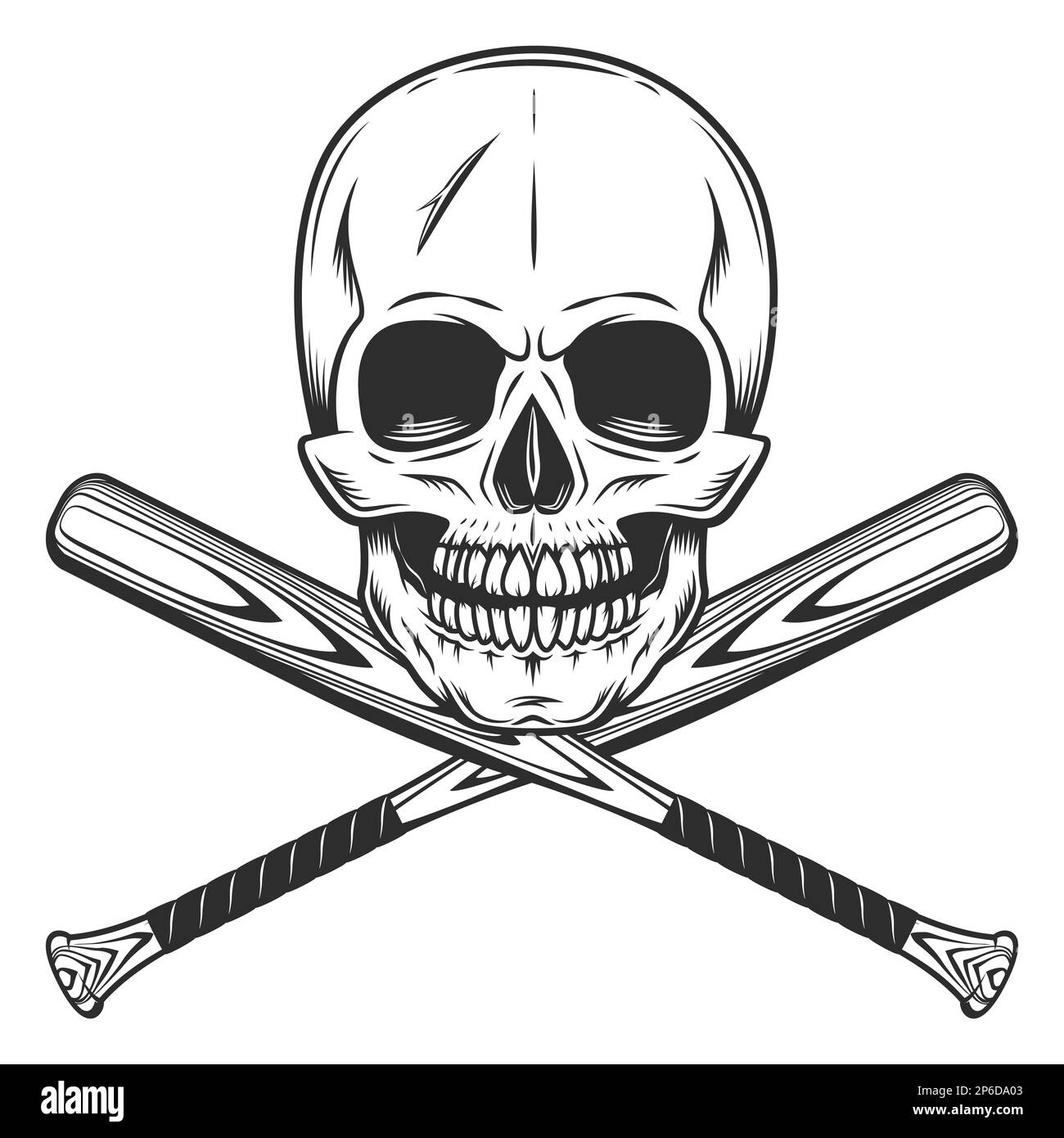 Schädelchen mit Design-Elementen für Baseball-Fledermaus-Club-Emblem in klassischer monochromer Darstellung isolierter Vektoren Stockfoto