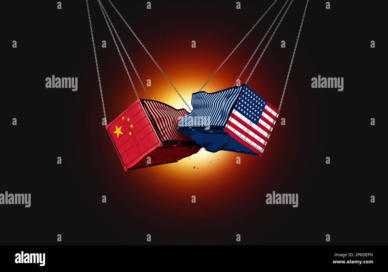 China USA Konflikt- und Handelskrieg mit amerikanischen und chinesischen Frachtcontainern als wirtschaftliches und geopolitisches Streitkonzept Stockfoto