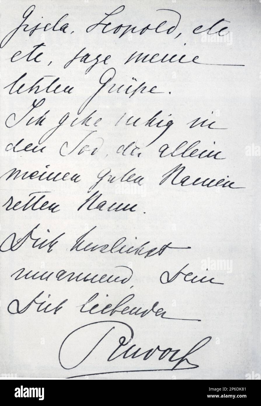 1889 , Mayerling , ÖSTERREICH : die letzte Abschiedsbotschaft vor dem Selbstmord des österreichischen kronprinz RUDOLF von ABSBURG ( 1850 - Selbstmord in Mayerling 1889 ) , der Liebhaberin von Mary von Vetsera , Sohn des Kaiser Franz Josef ( 1830 - 1916 ) , Kaiser von Österreich , König von Ungarn und Böhmen und Kaiserin Elisabeth von Bayer ( SISSI , 1937 - 1898 ). - FRANCESCO GIUSEPPE - JOSEPH - ABSBURG - ASBURG - ASBURGO - ADELSWESEN - NOBILI - NOBILTÀ - REALI - HABSBURG - HASBURG - KÖNIGSFAMILIE - SUICIDIO - PRINCIPE EREDITARIO - RODOLFO --- ARCHIVIO GBB Stockfoto