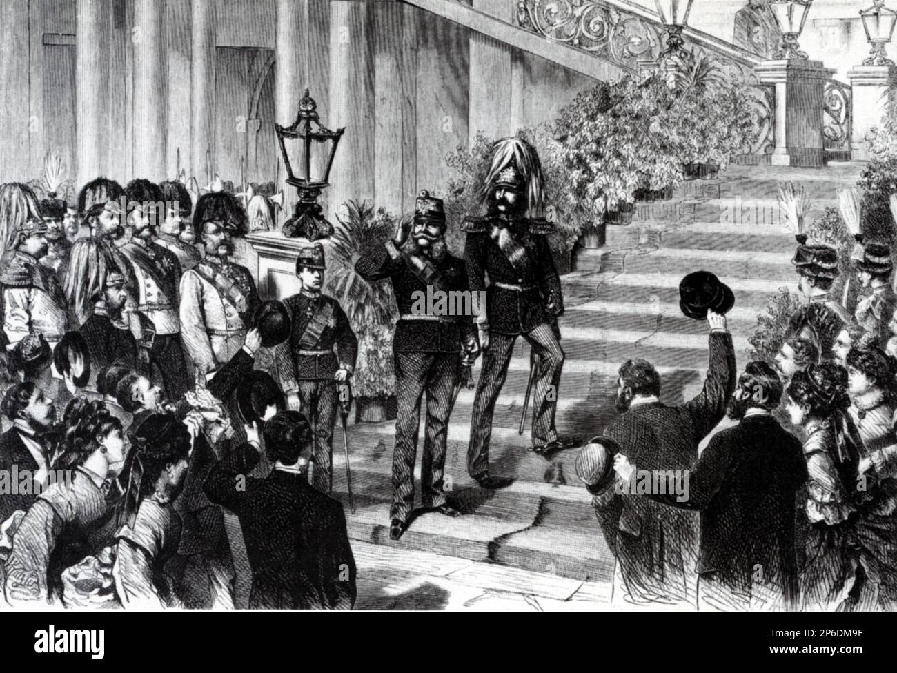 1873 , 17 oktober , Wien , Österreich : der junge österreichische kronprinz RUDOLF von ABSBURG ( 1850 - beging Selbstmord in Mayerling 1889 ) mit seinem Vater von Kaiser Franz Josef ( 1830 - 1916 ) , Kaiser von Österreich , König von Ungarn und Böhmen empfangen in SCHÖNBRUNN den Besuch von Kaiser WILHELM I - FRANCESCO GIUSEPPE - JOSEPH - ABSBURG - ASBURG - ASBURGO - ADEL - NOBILI - Nobiltà - REALI - HABSBURG - HASBURG - KÖNIGSFAMILIE - Divisa militare - Militäruniform - Baffi - Schnurrbart - principe ereditario - RODOLFO - GUGLIELMO i di Prussia --- Archivio GBB Stockfoto