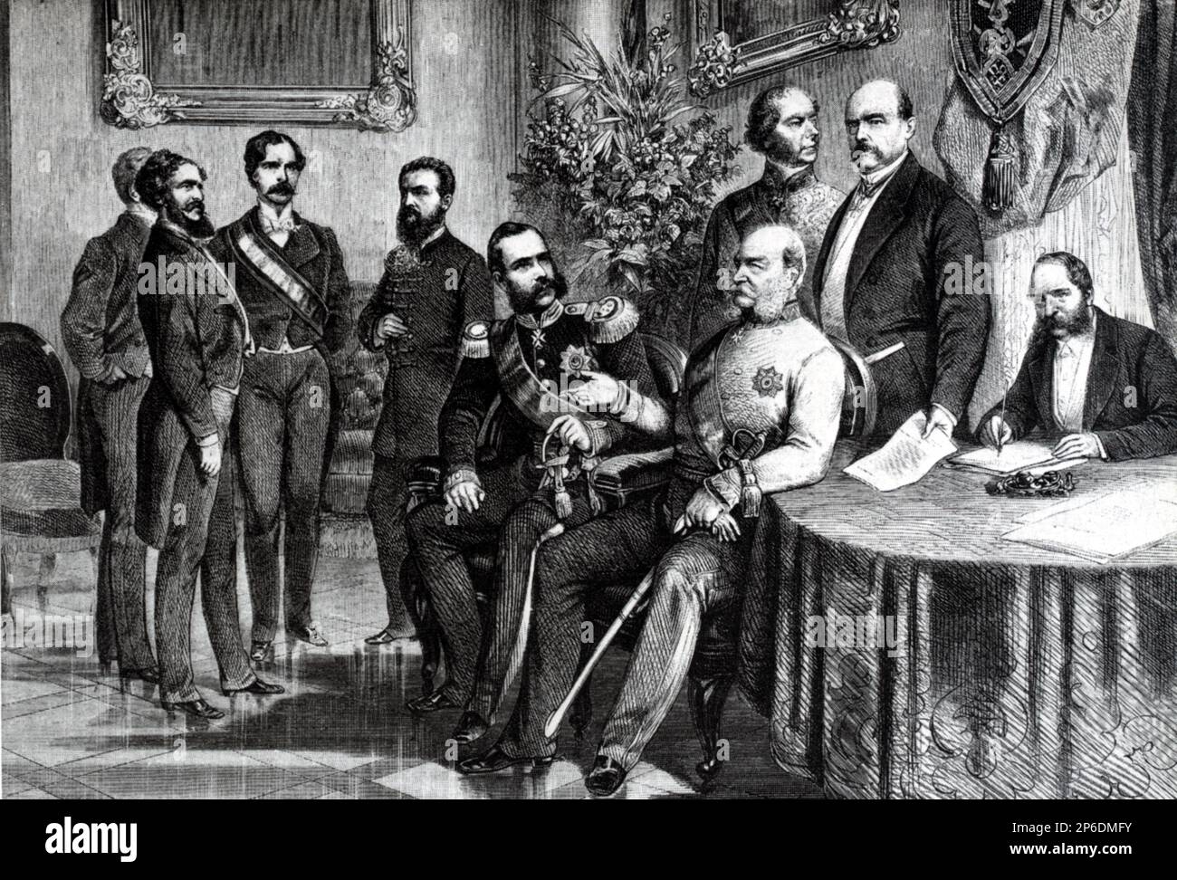 1871 , august , Bad Gastein , Deutschland : Kaiser Franz Josef ( 1830 - 1916 ) , Kaiser von Österreich , König von Ungarn und Böhmen mit dem deutschen Kaiser WILHELM i HOHENZOLLERN zur Unterzeichnung des politischen Paktes - FRANCESCO GIUSEPPE - JOSEPH - ABSBURG - ASBURG - ASBURGO - ADEL - NOBILI - Nobiltà - REALI - HABSBURG - HASBURG - ROYAL - divisa militare - Militäruniform - baffi - Schnurrbart - GUGLIELMO i di Prussia e GERMANIA --- Archivio GBB Stockfoto