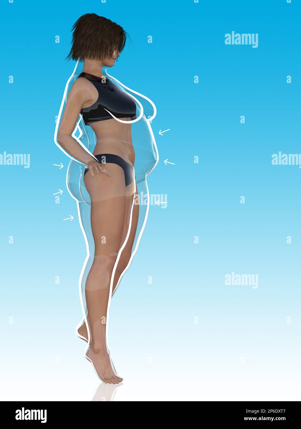 Konzeptionelle Fettübergewicht übergewichtig Weibliche vs. Schlanke Passform gesunder Körper nach Gewichtsverlust oder Diät mit weißem Umriss und Pfeile auf blau. Eine Fitness Stockfoto