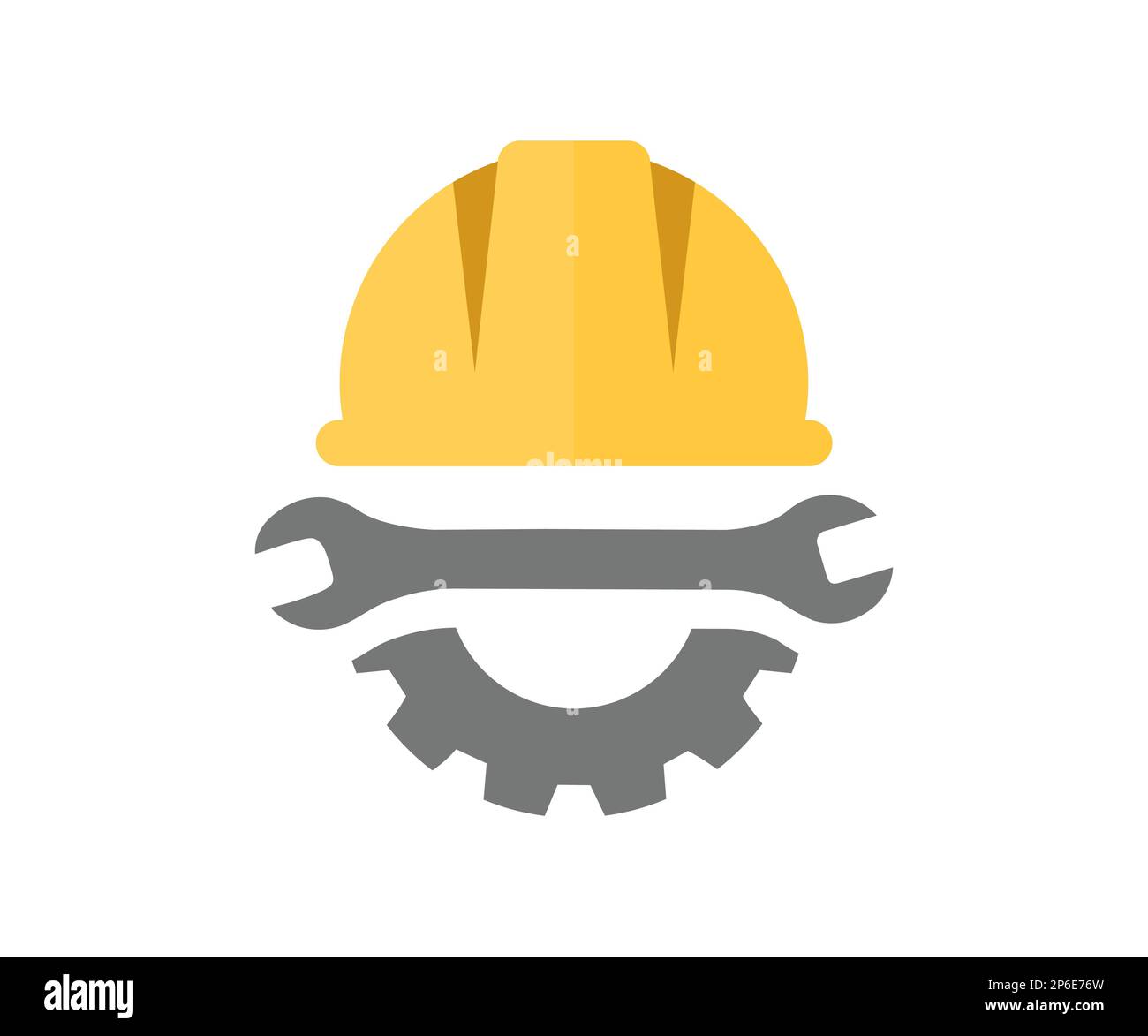 Logo für Helm, Schraubenschlüssel und Ausrüstung. Sicherheit und Schutz, Ingenieur. Arbeitskleidung, Helmkonstruktion und Zahnradvektordesign und Illustration. Stock Vektor