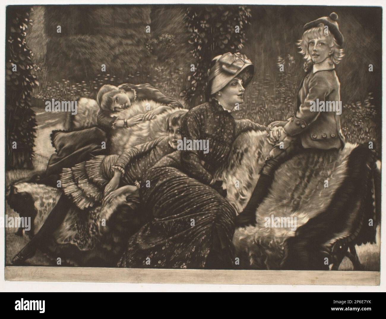 James Tissot, The Garden Bench, 1883, Mezzotint und Gravur auf cremefarbenem Kinnkragen auf elfenbeinfarbenem Papier. Stockfoto