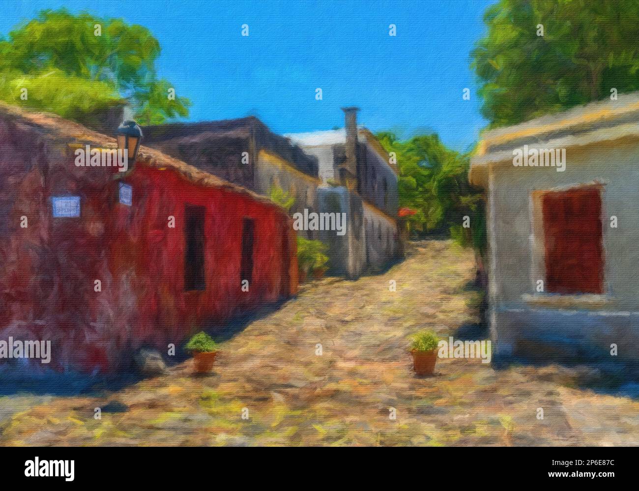 Digitale Ölimpressionistische Malerei der berühmten Seufzerstraße im UNESCO-Weltkulturerbe Colonia del Sacramento in Uruguay. Stockfoto