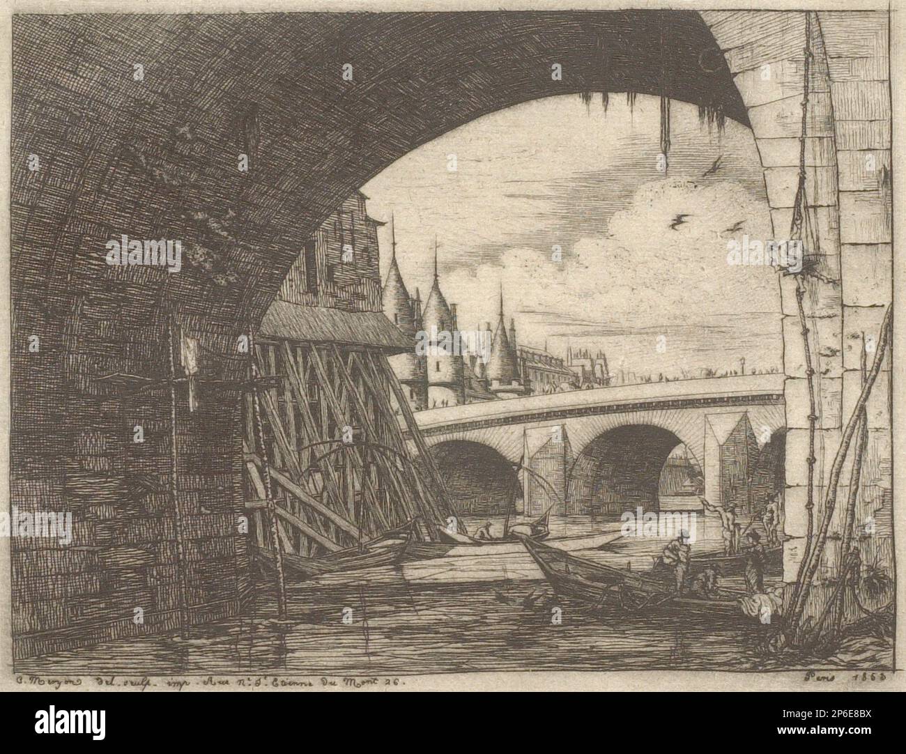 Charles Meryon, L'Arche du Pont Notre Dame, 1853, Grachtenpapier. Stockfoto