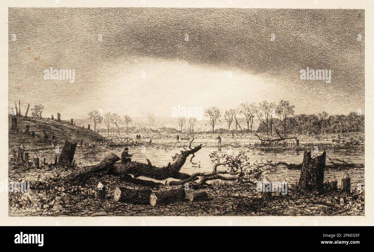 Maxime Lalanne, der Teich bei Auteuil, 1871, auf liegendem Papier. Stockfoto