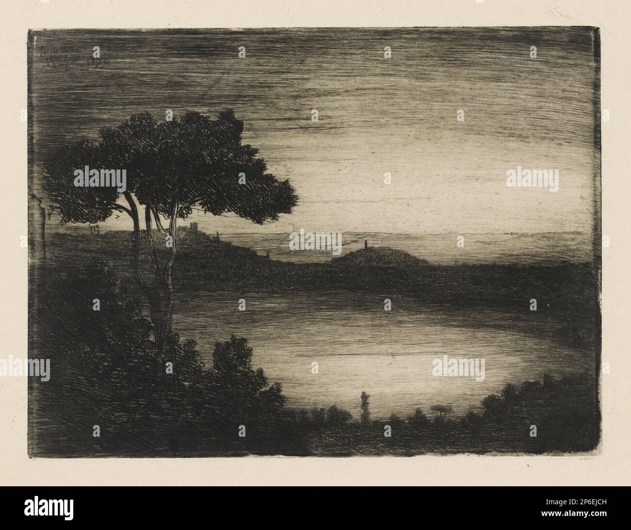 Ludovic Lepic, Abenddämmerung über dem Nemi-See, in der Nähe von Rom, 1870, Ätzen auf cremefarbenem Papier. Stockfoto