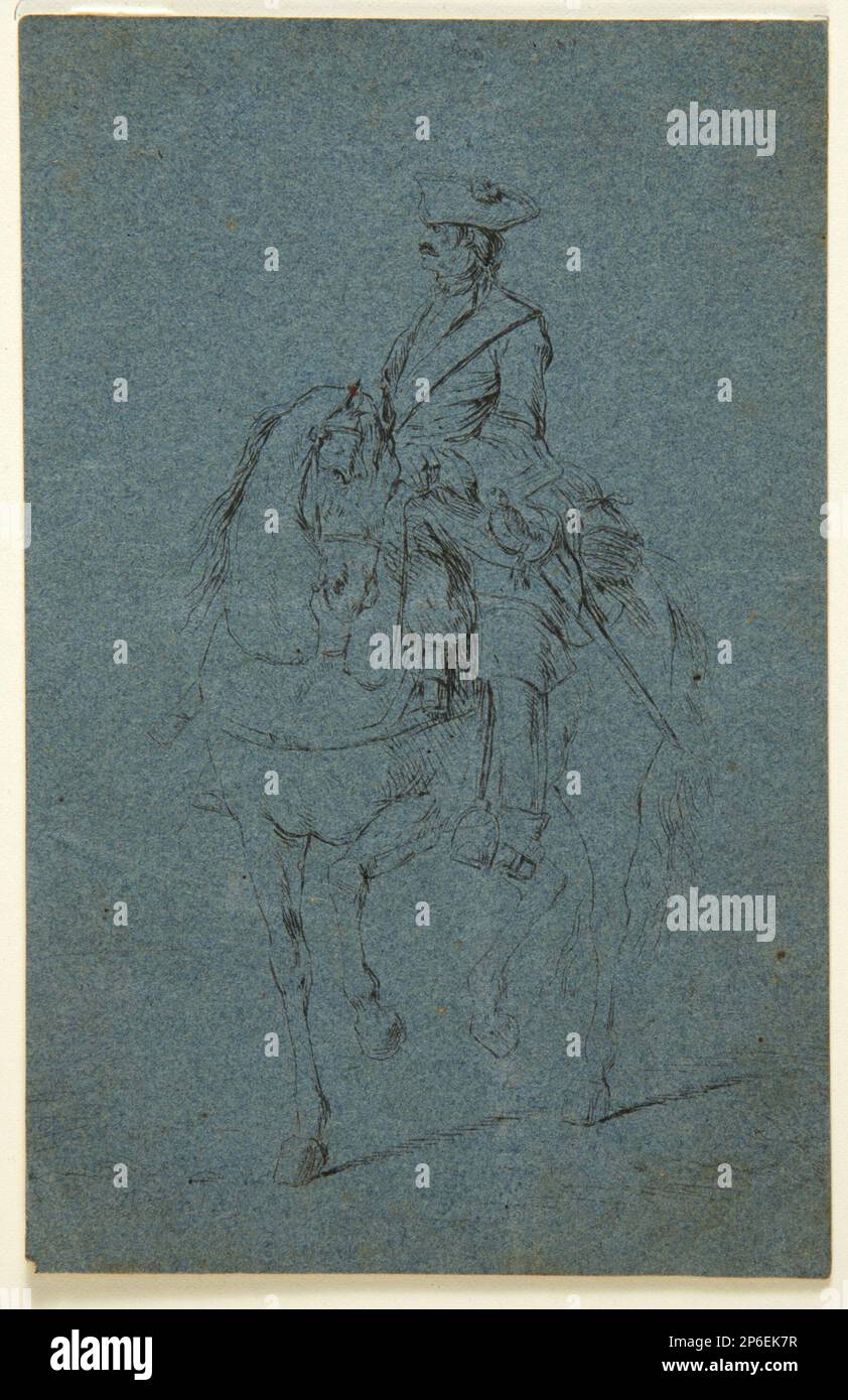 Charles Parrocel, Mount Soldier, 1701-50, Stift und Tinte auf blauem Papier. Stockfoto