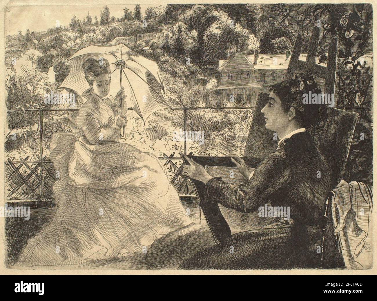 Félix Bracquemond, Terrasse der Villa Brancas, 1876, Ätzen auf cremefarbenem Papier. Stockfoto