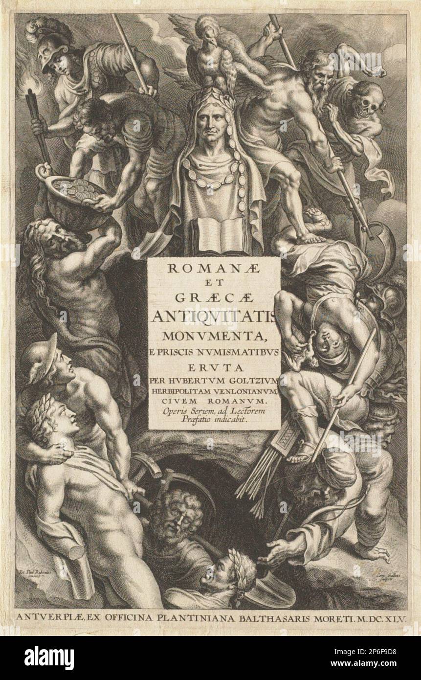 Cornelis Galle I, Frontispiece for H. Goltzius, Romanae et Graecae Antiquitatis Monumenta, Antwerpen, 1645, 1645, Gravur auf Papier. Stockfoto