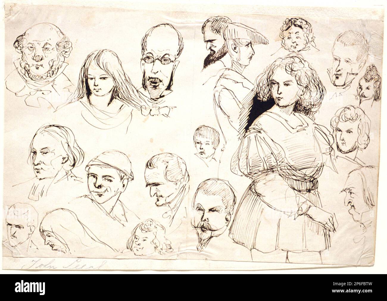 John Leech, Sketch Sheet: 18 verschiedene Studien von Gesichtern und einer jungen Frau in Theaterkostüm, 1827–1864, Stift und Tinte auf Papier. Stockfoto