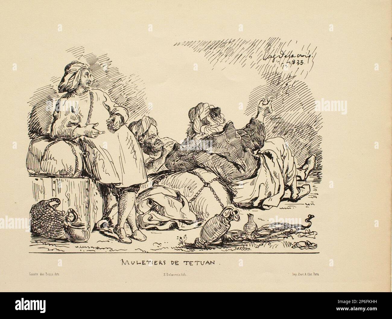 Ferdinand-Victor-Eugène Delacroix, Muletiers de Tetuan, 1833, Lithograph auf gewebtem Papier. Stockfoto