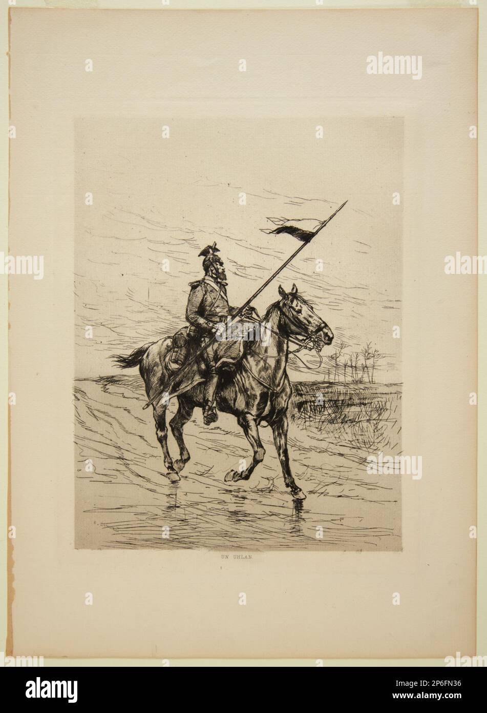 Jean Baptiste Edouard Detaille, ein Uhlan (berittener Soldat mit Hecht), 1870er, geätzt auf gewebtem Papier. Stockfoto