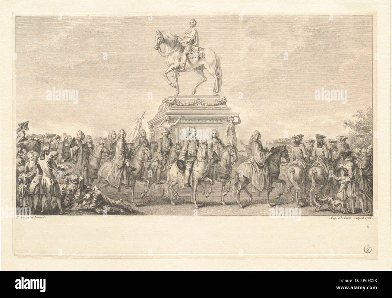 Augustin de Saint-Aubin, Einweihung der Reiterstatue von Ludwig XV, Place de la Concorde, 1766, Ätzen und Gravieren auf liegendem Papier. Stockfoto