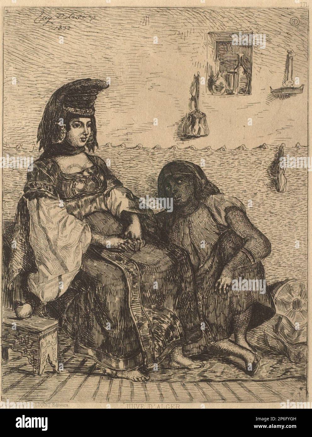 Ferdinand-Victor-Eugène Delacroix, Juive d'Alger, 1833, Ätzen und Trocknen auf gewebtem Papier. Stockfoto