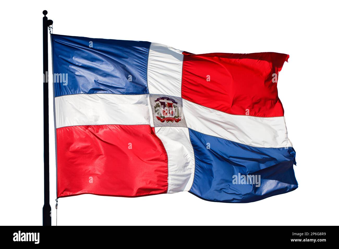 Flagge der Dominikanischen Republik, aus nächster Nähe, isoliert auf weißem Hintergrund. Stockfoto
