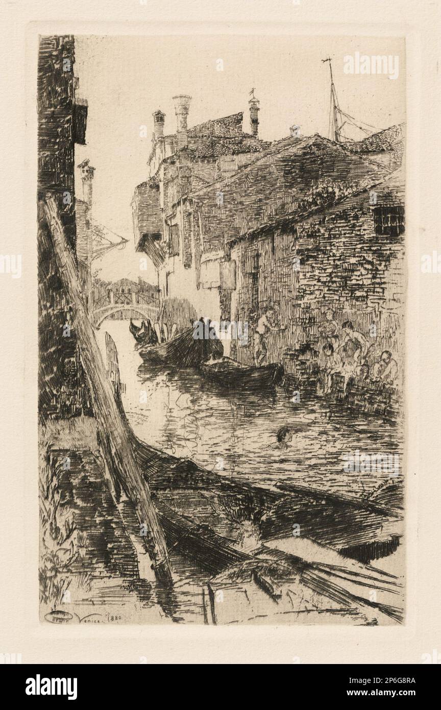 Charles Abel Corwin, Szene entlang eines venezianischen Kanals, 1880, Gravur auf gewebtem Papier. Stockfoto