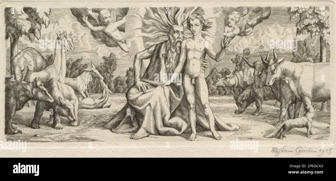 Stephen Gooden, Head piece to Genesis, 1925, Gravur auf Papier. Stockfoto