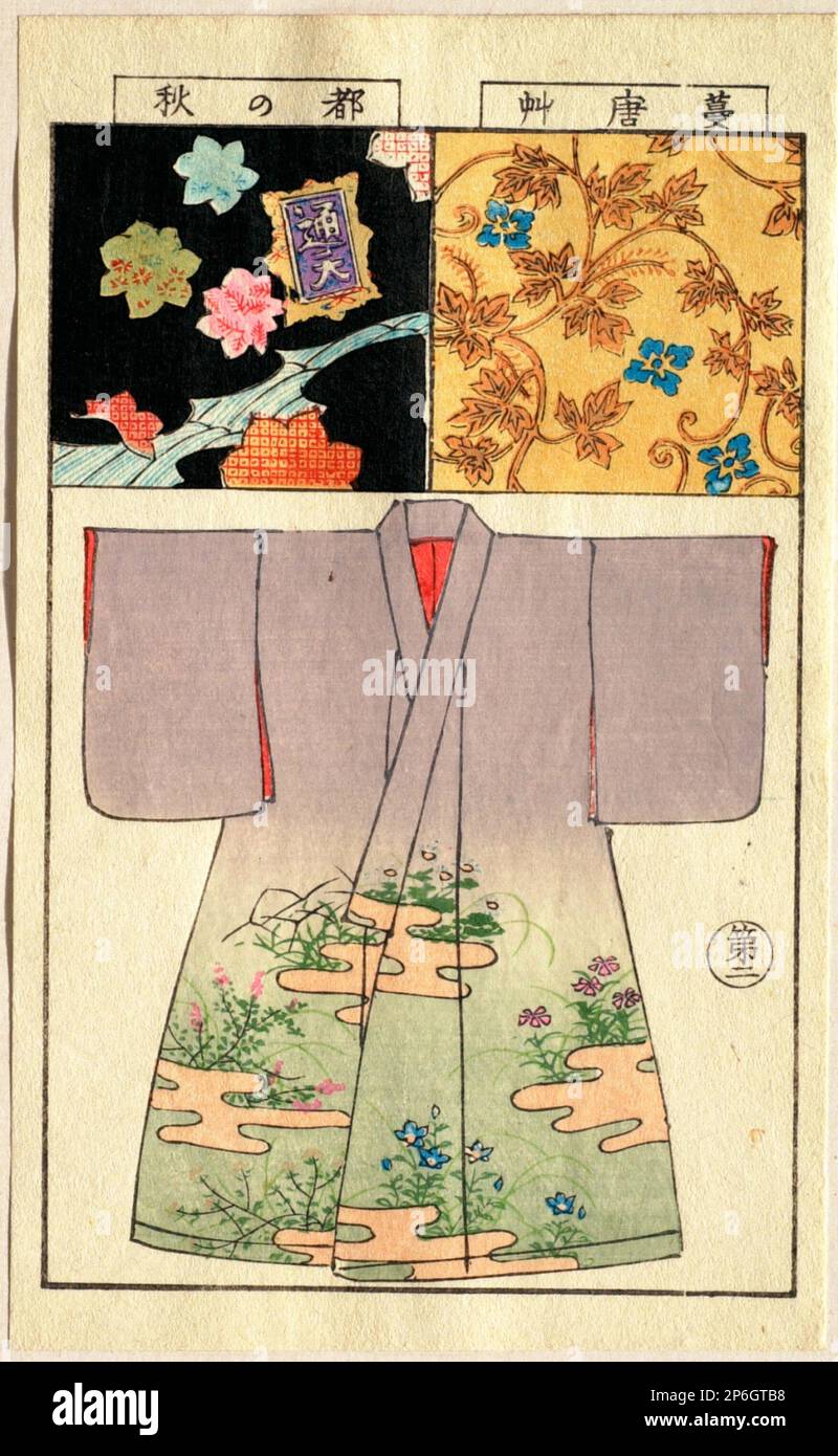 Wird Hironobu II zugeschrieben, Platte 2 aus einem Buch mit Kimono-Designs, 1894–1950, farbiger Holzschnitt auf Papier. Stockfoto