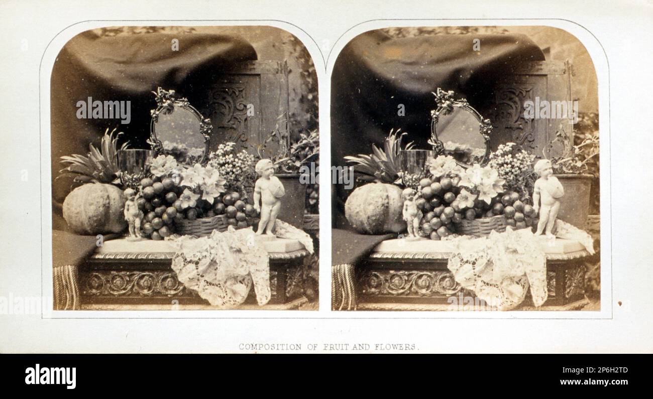 Roger Fenton, Composition of Fruit and Flowers, c. 1860, Albumen Print, Stereograph. Stockfoto