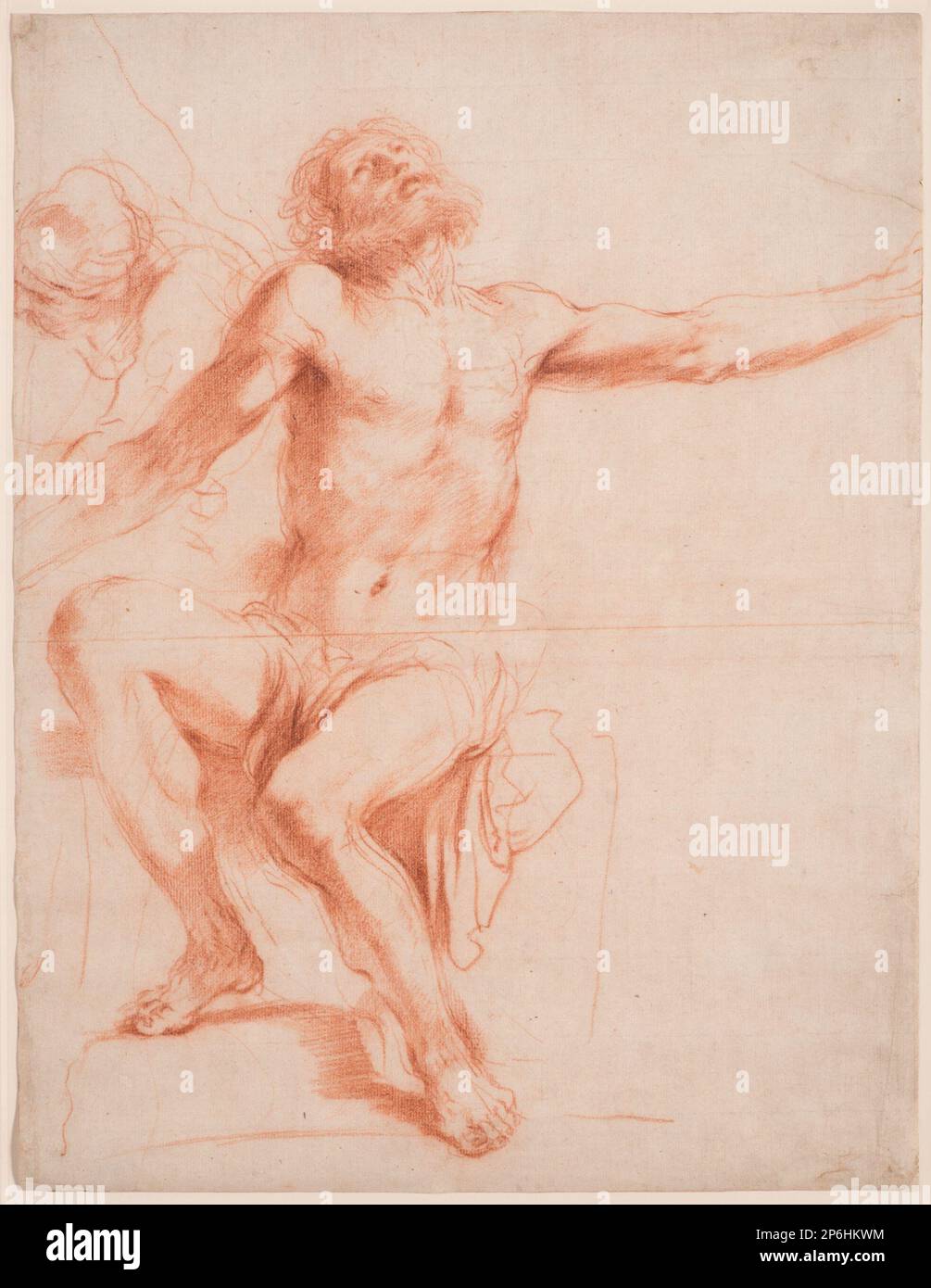 Guercino, Studie für "das Märtyrertum des Heiligen Bartholomäus", c. 1635-36, Rote Kreide auf cremefarbenem Papier. Stockfoto