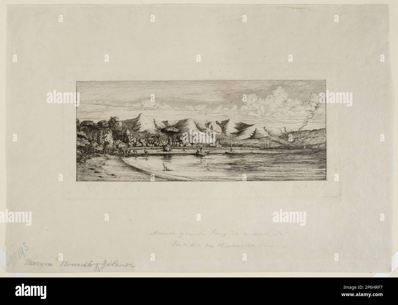 Charles Meryon, seine Angeln vor Collier's Point, Akaroa, Banks Peninsula, 1863, Ätzen und Trockenstellen. Stockfoto