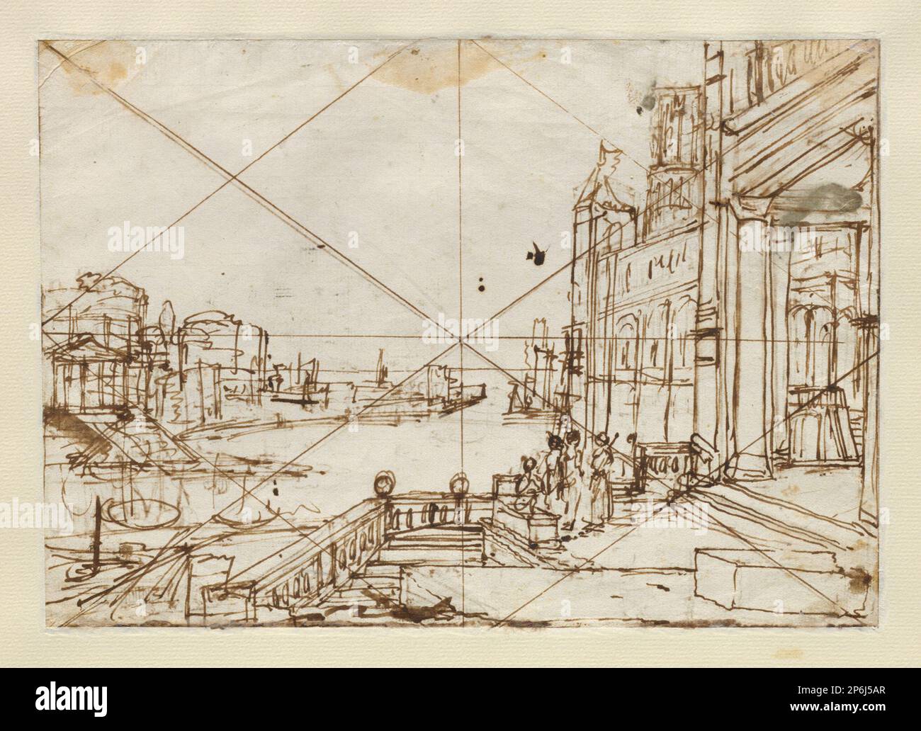 Claude Lorrain, A Study for a Seaport, c. 1640–41, Stift und braune Tinte, mit perspektivischem Stift und brauner Tinte, diagonale Quadratur auf cremefarbenem Papier. Stockfoto