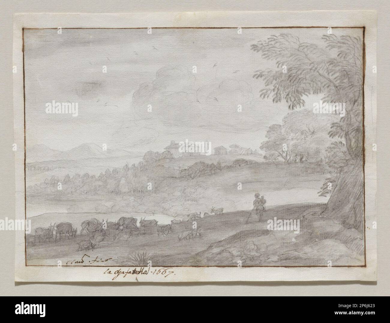 Claude Lorrain, A View of the Caffarella bei Rom, 1667, Schwarze Kreide, Stift und braune Tinte, graues und braunes Waschen, mit Stift und brauner Tinte eingerahmt auf cremefarbenem Papier. Stockfoto