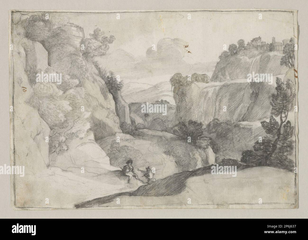 Claude Lorrain, The Cascades of Tivoli, c. 1640, Schwarze Kreide, braun-graue Wäsche, mit schwarzen Kreide-Rahmen auf cremefarbenem Papier. Stockfoto