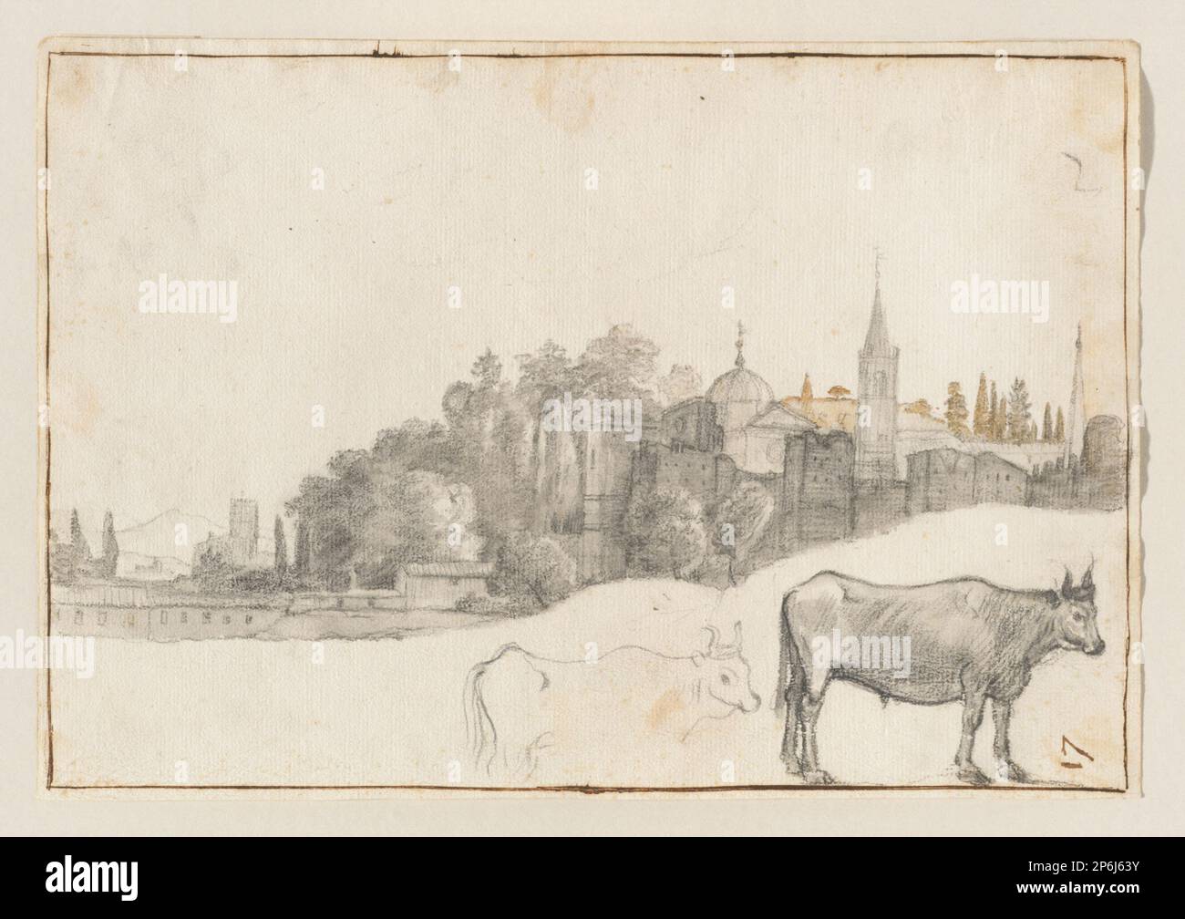 Claude Lorrain, A View Outside the Piazza del Popolo in Rome, 1640–41, Schwarze Kreide, graue und braune Waschfarbe, Stift und braune Tinte, Rahmen auf cremefarbenem Papier. Stockfoto