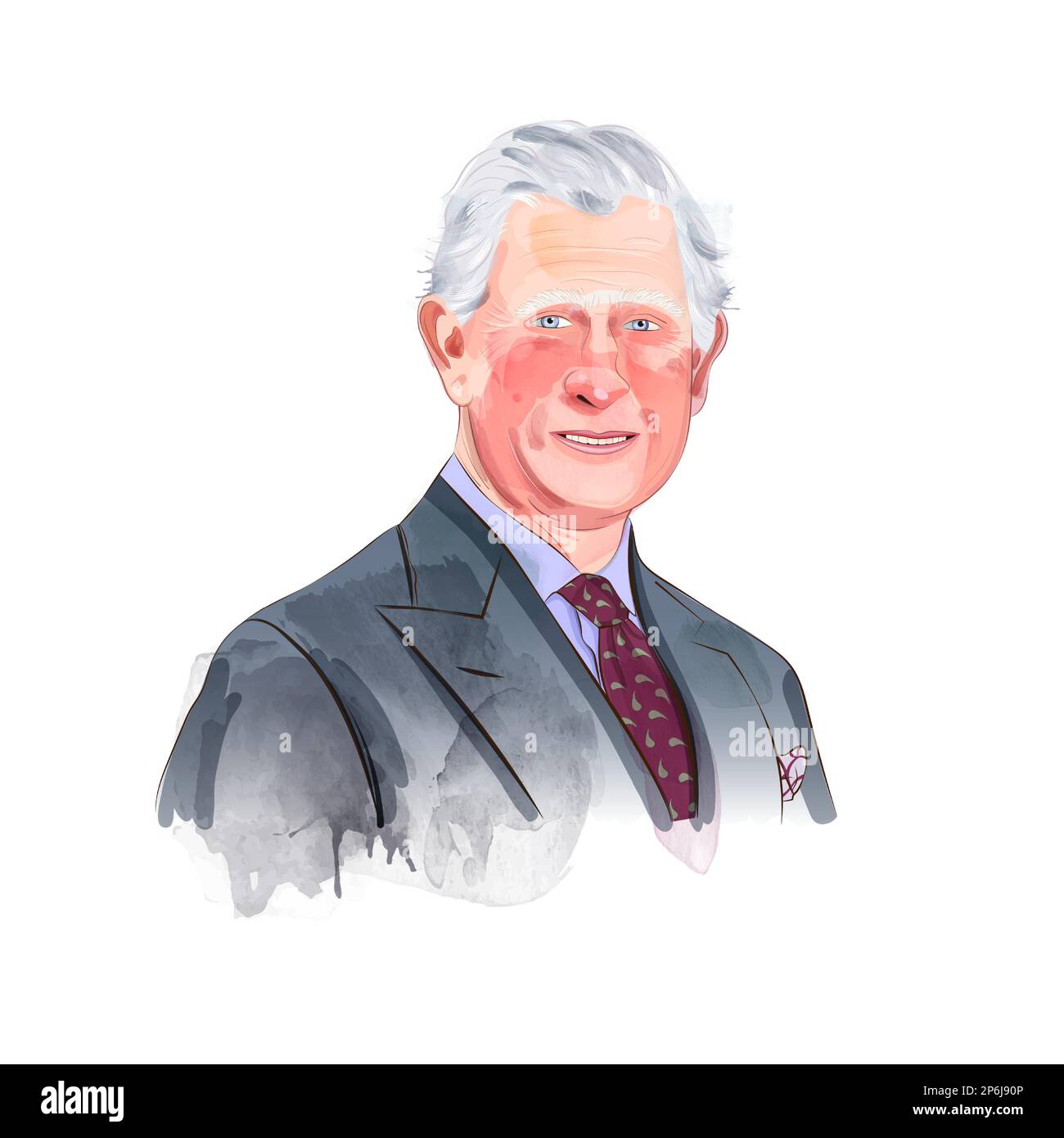 London, Vereinigtes Königreich - 01. März 2023: Charles III King of the United Kingdom Watercolor Vector Portrait. Prinz von Wales trägt graues Kostüm. Stock Vektor