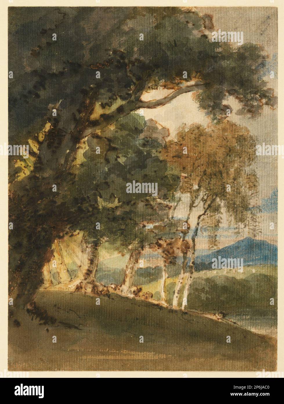 Thomas Girtin, Ein River Valley und Ferne Hill, durch Bäume gesehen, ca. 1800, Aquarell mit Stift und brauner Tinte über Graphit auf cremefarbenem Papier. Stockfoto