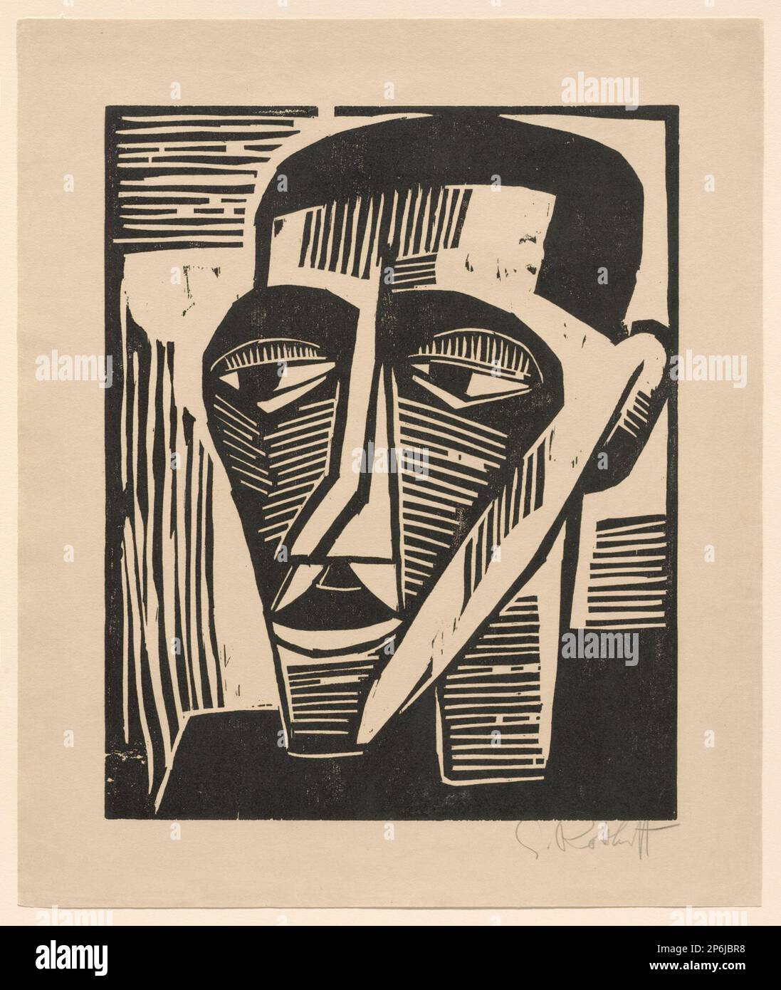 Karl Schmidt-Rottluff, Kopf eines Mannes, 1915, Holzschnitt auf cremefarbenem gewebtem Papier. Stockfoto