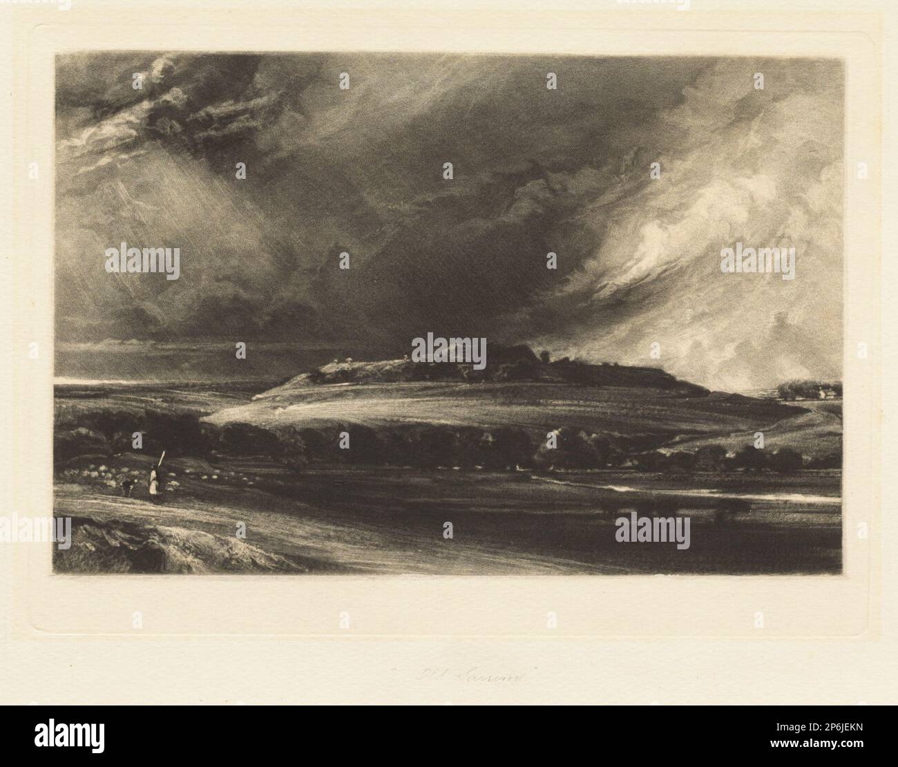 David Lucas, Old Sarum, 1833, Mezzotint, auf Bilder zugeschnitten und auf falschen Platemark gelegt, auf cremefarbenem gewebtem Papier. Stockfoto