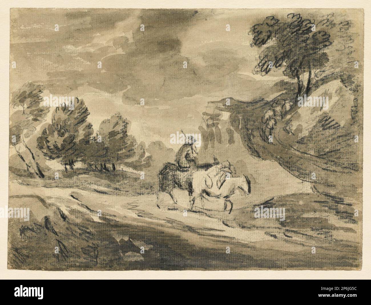 Nach Thomas Gainsborough, Rocky Landscape mit Reiter und Packhorse, 18. Jahrhundert, Graphit über Pinsel und graue Wäsche auf cremefarbenem Papier. Stockfoto