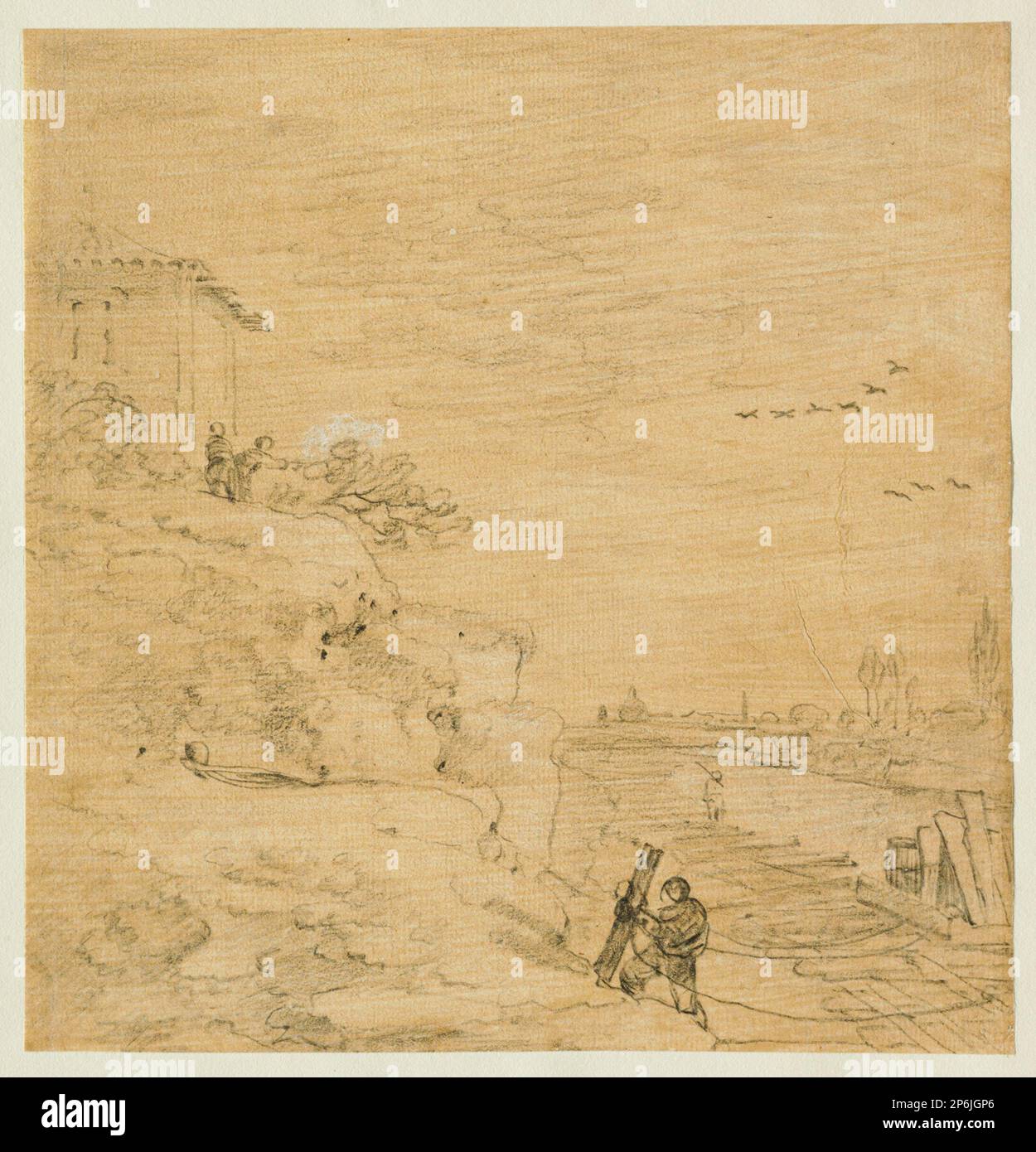 Richard Wilson, am Ufer des Tibers, 1751–52, schwarz-weiße Kreide über hellbraunem Boden auf cremefarbenem Papier. Stockfoto