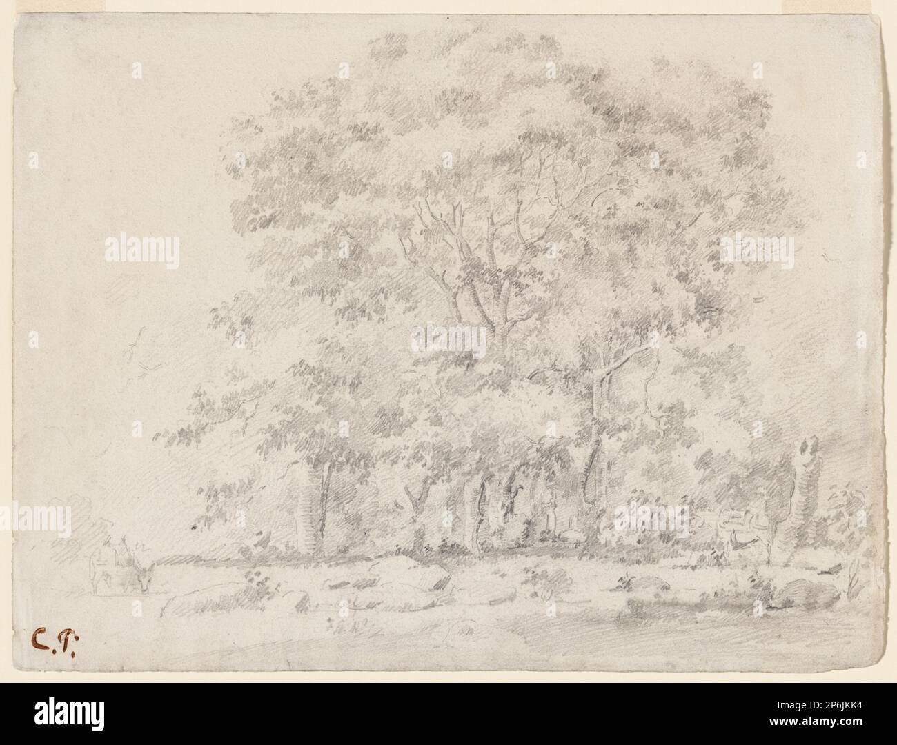 Camille Pissarro, Landschaft mit Eseln, Venezuela, c. 1854, Graphit auf cremefarbenem gewebtem Papier. Stockfoto